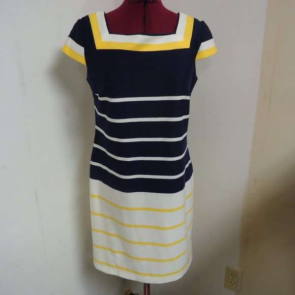 Studio I Size 6 Navy Blue Yellow and Cream Striped Mini Dress - Picture 1 of 8